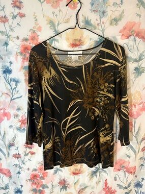 Vintage Black Top with Gold Botanical Print - Long Sleeve Blouse